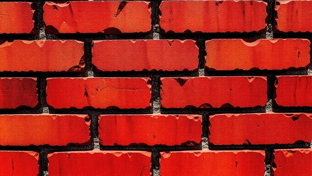 Vibrant Red Brick Wall with Rough Texture and Dark Mortar Joints