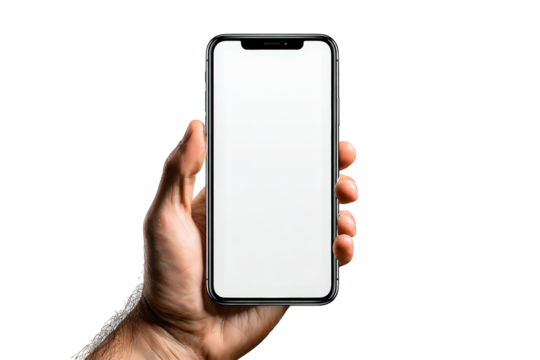 Hand Holding Smartphone with Blank White Screen on Transparent Background
