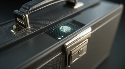 sleek business briefcase opening with fingerprint recognition and a digital lock interface glowing softly