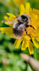Bumblebee is actively pollinating a wildflower in a lush meadow