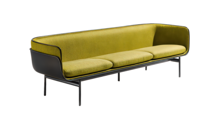 Modern Olive Green Sofa with Black Metal Frame on Transparent Background