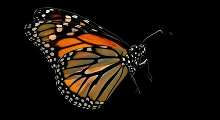 Close-up profile view of a monarch butterfly against a black background.