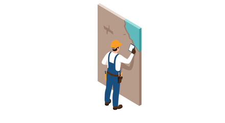Construction worker inspecting wall damage with tablet in isometric design
