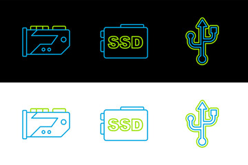 Set line USB, Video graphic card and SSD icon. Vector