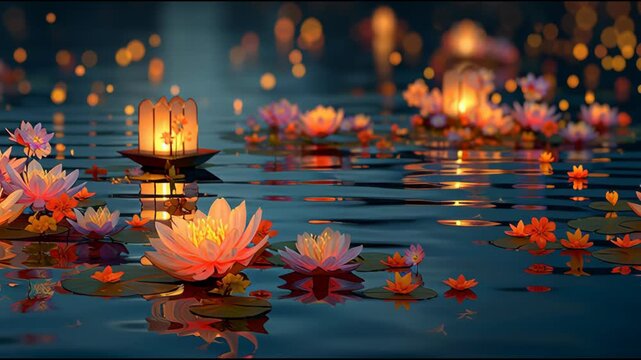 Floating Lotus Lights: A serene aquatic tableau showcases lotus flowers gently drifting atop a tranquil pond, their delicate petals aglow with the warm light of candlelit lanterns.