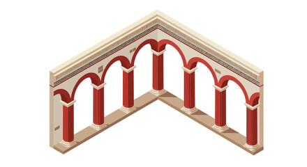 Fototapeta premium Isometric ancient roman arches with red columns and decorative patterns