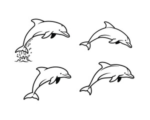Four playful dolphins leaping and jumping out of the water in a dynamic illustration with a clean white background