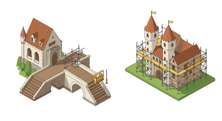 Isometric medieval building and castle under construction with scaffolding