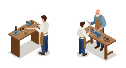 Isometric workshop scene with craftsman and apprentice engaged in woodworking