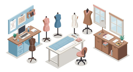 Fashion design studio with sewing mannequins and workspace elements in isometric style