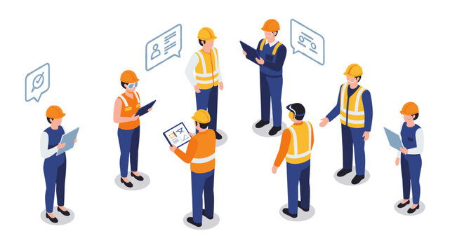 Teamwork and communication in construction: isometric workers collaborating and planning