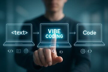 Futuristic Vibe Coding illustration showing person with three transparent holographic laptop screens, arrows linking text to VIBE CODING to code, glowing neon white UI lines, clean modern stock design