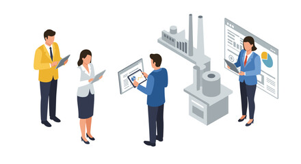 Isometric business team analyzing data with industrial background