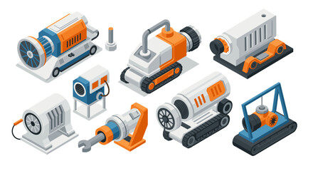 Obraz premium Industrial machinery icons in isometric style with orange and blue accents