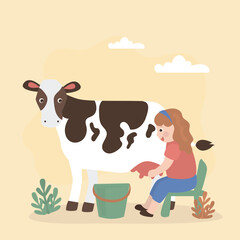 Milkmaid, farmer girl milking cow. Cute kid doing agricultural work. Rural country scene. Adorable child with cute animal. Funny farm with cartoon characters.