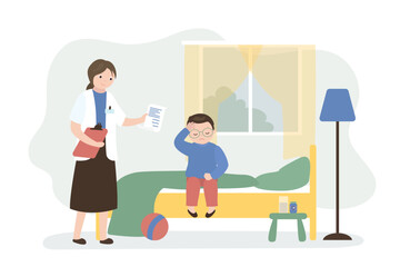 Kid having cold and fever. Sick boy sitting on bed. Doctor pediatrician or nurse and little schoolboy in room interior. Sick child, illness, treatment.