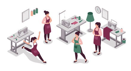 Fototapeta premium Isometric sewing workshop with people: creative tailoring and design scene with sewing machines