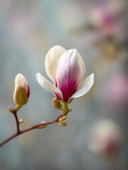 Fototapeta premium Magnolia Blossom Displaying Delicate White and Pink Petals in Springtime Garden Setting