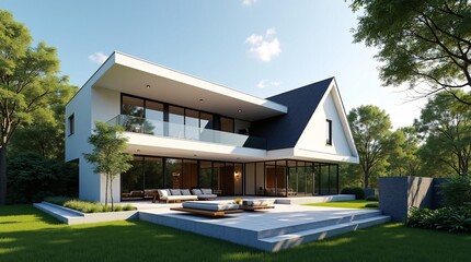 A modern two story house with a slanted roof, large glass windows, a patio, surrounded by greenery.