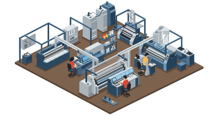 Obraz premium Modern printing facility in isometric design showcasing production equipment and workflow