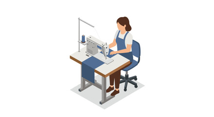 Isometric seamstress working with sewing machine in tailoring workshop