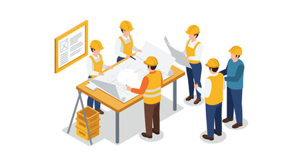 Obraz premium Isometric team of engineers analyzing blueprint at construction site