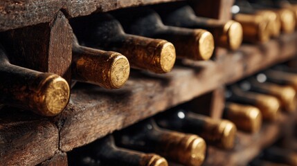 Rows of wine bottles rest in a rustic wooden rack, showcasing golden caps. The cozy cellar atmosphere creates a warm, inviting space for wine enthusiasts in the evening