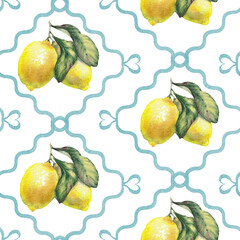 Lemon fruit branch on a classic blue striped background. Seamless pattern inspired by the timeless Mediterranean aesthetic of the Amalfi Coast. Perfect for summer-themed prints, packaging, textiles