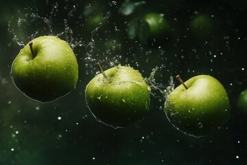 Three Green Apples Splashing Water Droplets Dark Background Food Still Life