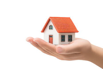 Hand Holding Small White House Model with Red Roof