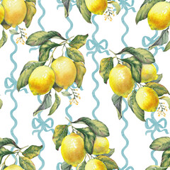 Lemon fruit branch on a blue ribbon bow background. Seamless pattern inspired by the timeless Mediterranean aesthetic of the Amalfi Coast. Perfect for summer-themed prints, packaging, textiles