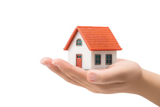 Hand Holding Small White House Model with Red Roof