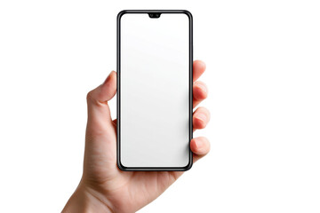 Hand Holding a Modern Smartphone with a Blank Screen Set Against a Black Background, Highlighting the Minimalistic Design and Sleek Technology on transparent background