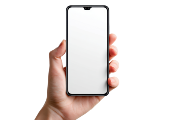 Hand Holding a Modern Smartphone with a Blank Screen Set Against a Black Background, Highlighting the Minimalistic Design and Sleek Technology on transparent background
