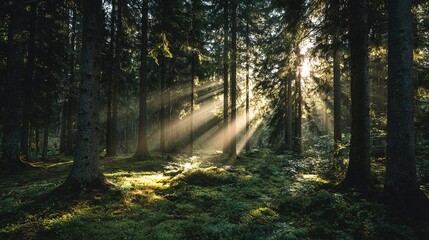Obraz premium Beautiful rays of sunlight in a green forest
