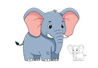 Obraz premium A cute cartoon elephant and a smaller sketch of an elephant for coloring.