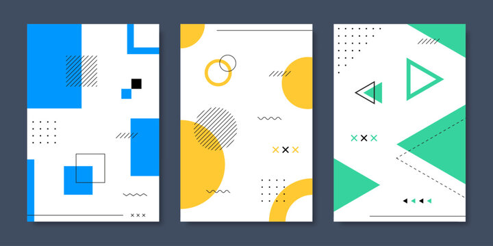 Modern Memphis posters and backgrounds with abstract geometric shapes, bright colors, simple patterns, and retro 80s feels, ideal for cards or story templates. Vector illustration
