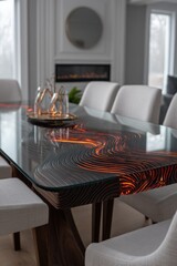 A modern dining table with a striking, glowing wood design and a glass top, showcasing intricate patterns and warm light.