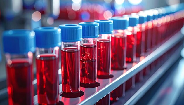 Row of test tubes filled with red liquid, likely blood samples, in a laboratory setting. - Powered by Adobe