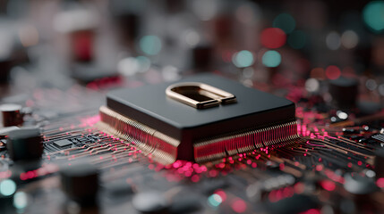 Internet security on magnified data chip in red blue black pink neon background