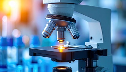 Close-up of a modern microscope in a laboratory setting, highlighting the objective lenses and stage.