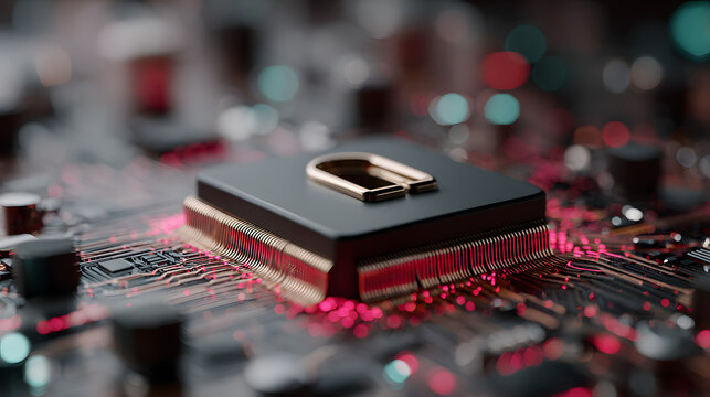 Internet security on magnified data chip in red blue black pink neon background - Powered by Adobe