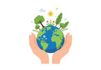 Hands holding the earth with trees and flowers on top.