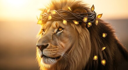 Fototapeta premium Majestic lion, golden mane, adorned with a glowing light garland, gazing serenely into the sunset's warm glow
