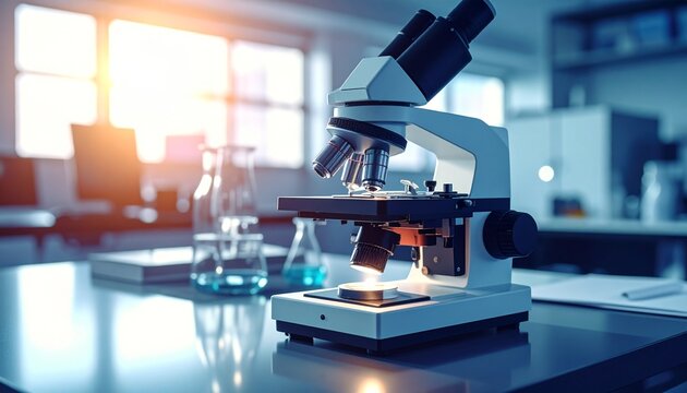Modern microscope in a bright, clean laboratory setting, accompanied by scientific glassware.