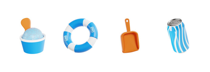 3D icon collection of summer beach treats and safety items