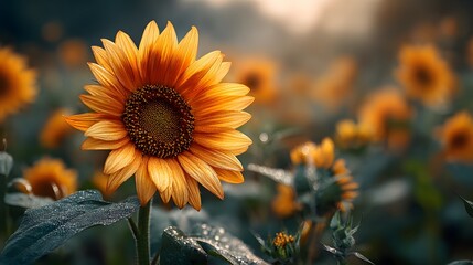 Obraz premium Magnificent, sun-kissed sunflower stands tall in the center of a field, its face turned towards the light. The background is a soft, warm bokeh of more flowers.