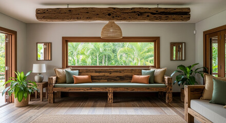 Rustic tropical family room with natural wood beams