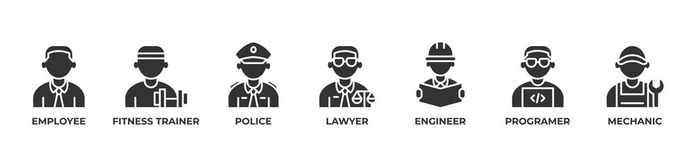 Professional Workforce Icons set vector illustration glyph with  Employee, Fitness trainer, Police, Lawyer, Engineer, Programer, Mechanic
