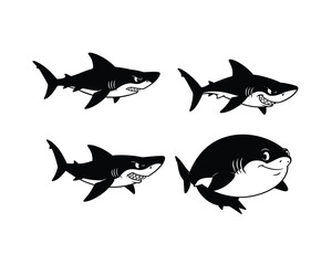 Four playful cartoon sharks in various poses and expressions on a white background hand drawn style
